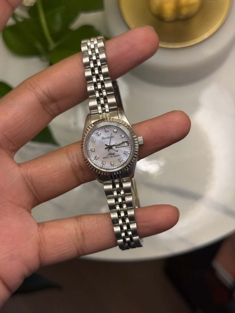 Armitron Silver Tone Mother-of-Pearl Dial Bracelet Watch with day date